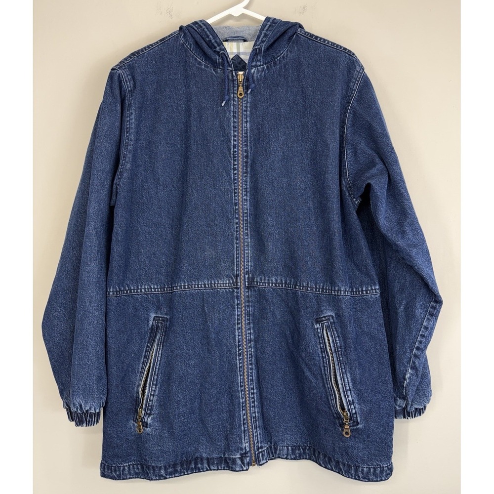 Vtg St John's Bay Denim Jacket Women's Small Hooded Full Zip Plaid Lined